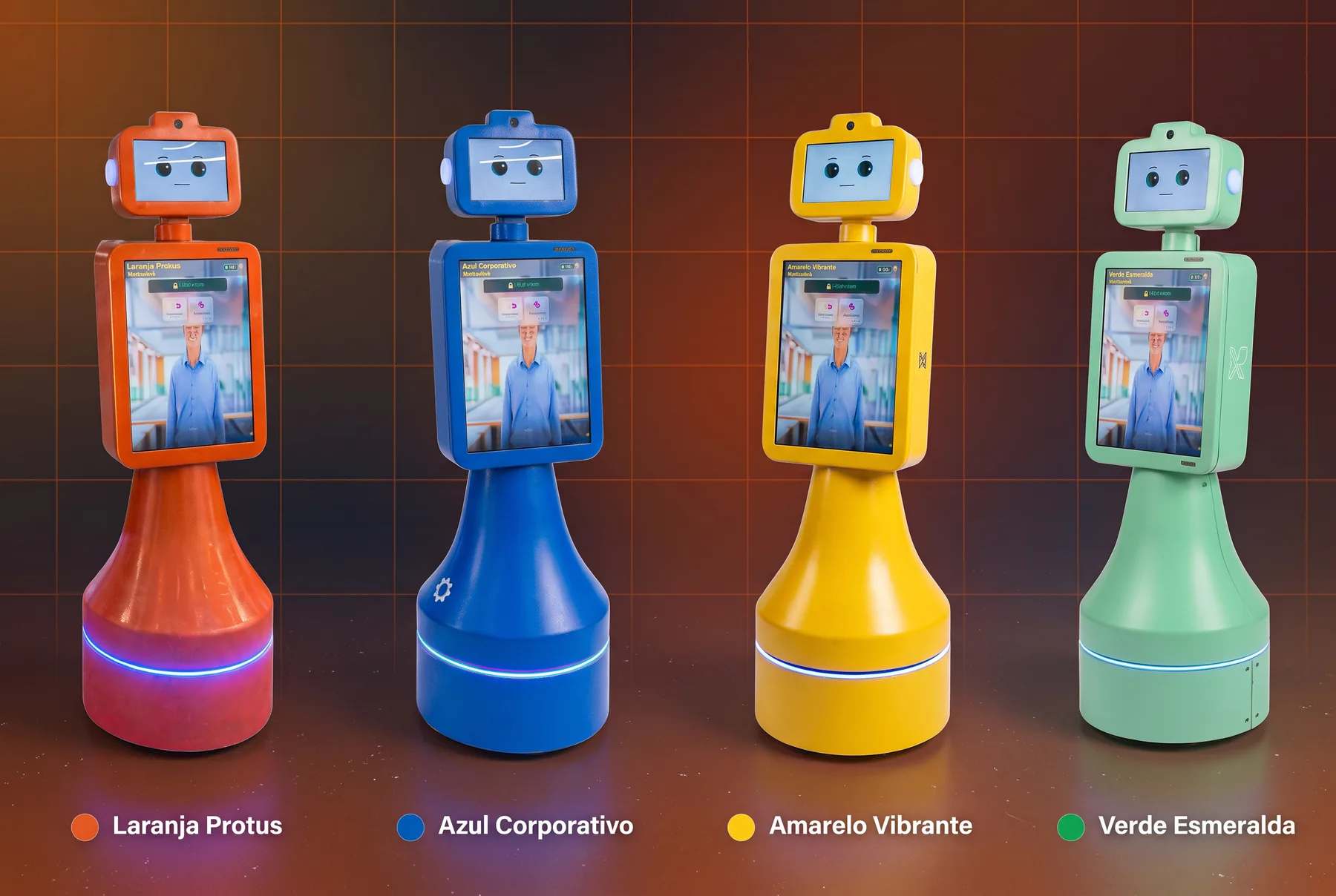 Robôs PROTUS.AI nas cores Laranja Protus, Azul Corporativo, Amarelo Vibrante e Verde Esmeralda